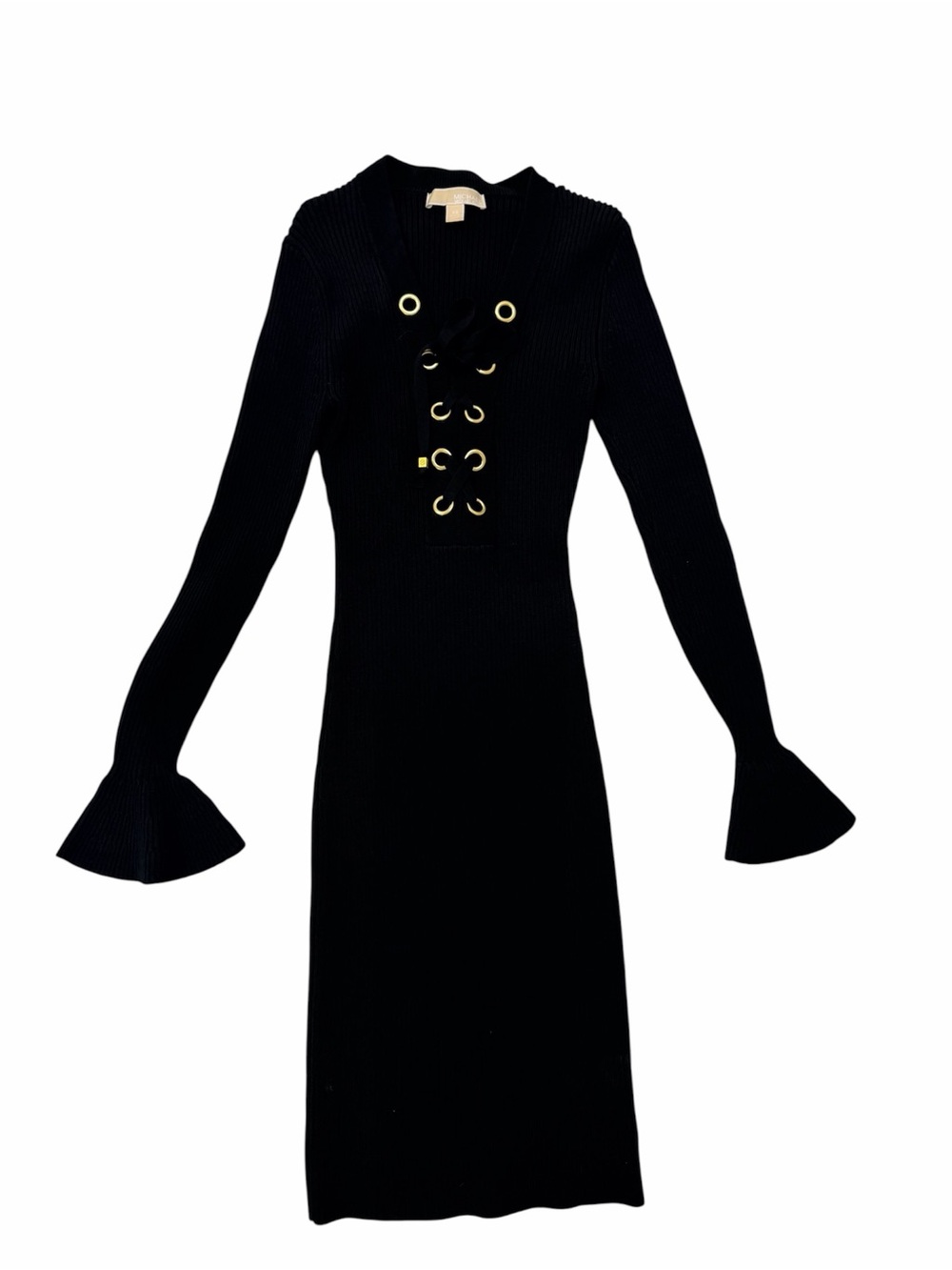 Michael Kors Black Lace-Up Ribbed Midi Dress with Bell Sleeves
